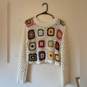 NWOT GRANNY SQUARE CROCHET CROP SWEATER CREAM MULTICOLOR FLORAL MESH